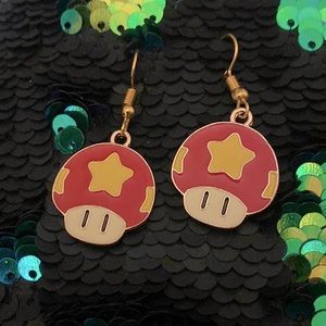 Red Mario bros mushroom gold tone earrings